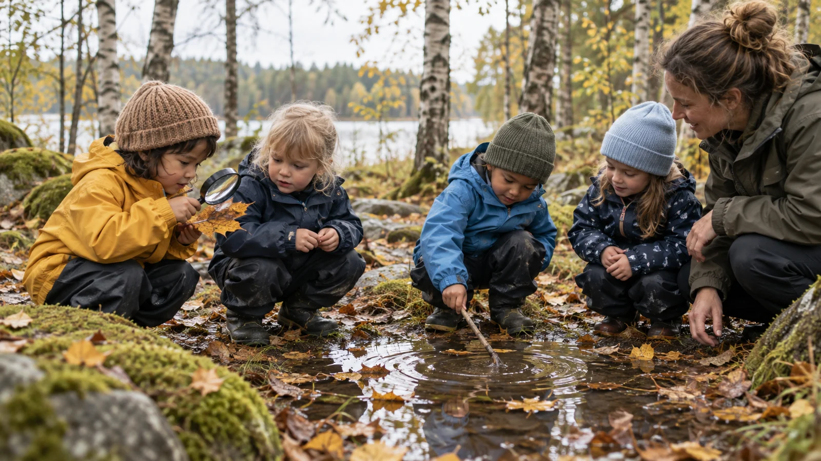Children and educator exploring nature together